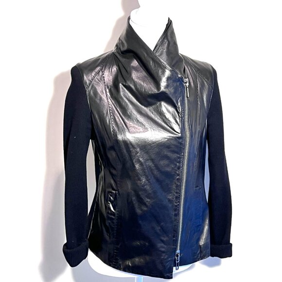 Vince Women's Black Leather and Wool Short High Collar Modern Jacket Sz Med - Picture 1 of 16